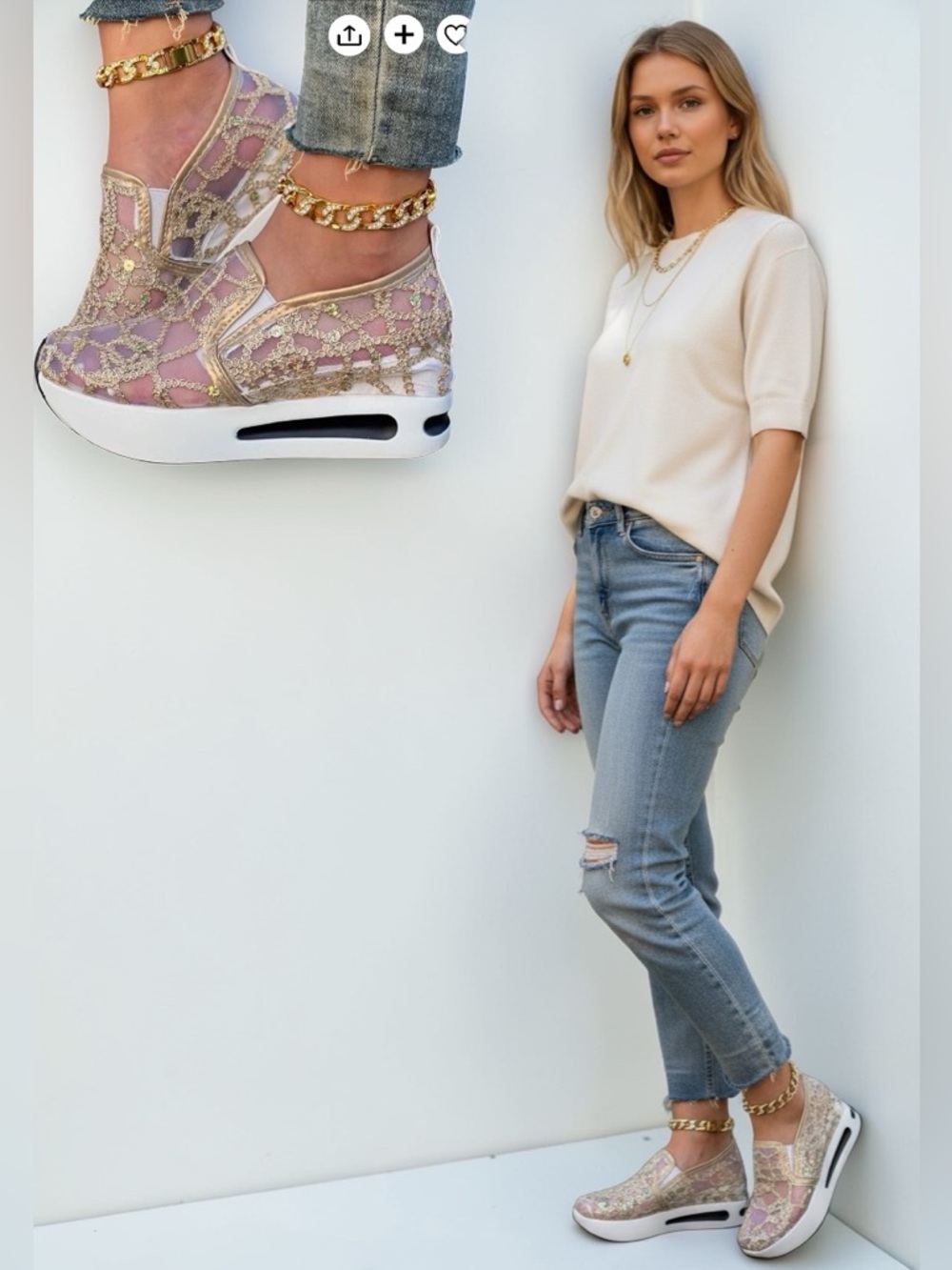 Gold-tone Sequin Glitter Slip-On Wedge Sneakers for Women💛